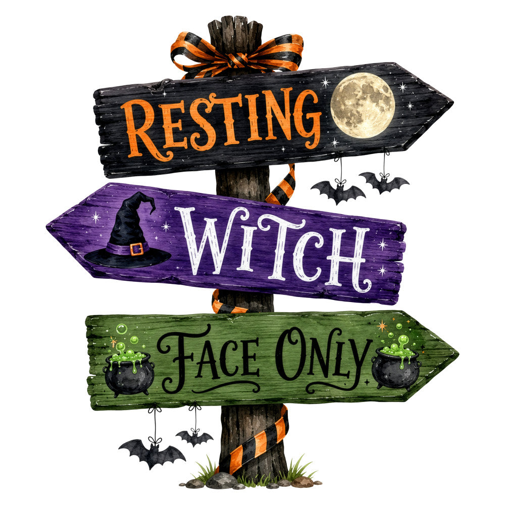 halloween, witch, black, orange, purple, green, full moon, celestial, bats, witch hat, cauldron, potion, directional sign, whimsical, spooky, autumn, fall, horror, magical, enchanted, witchy, stars, decorative sign, rustic, folk art, novelty, gothic, dark theme, seasonal decoration