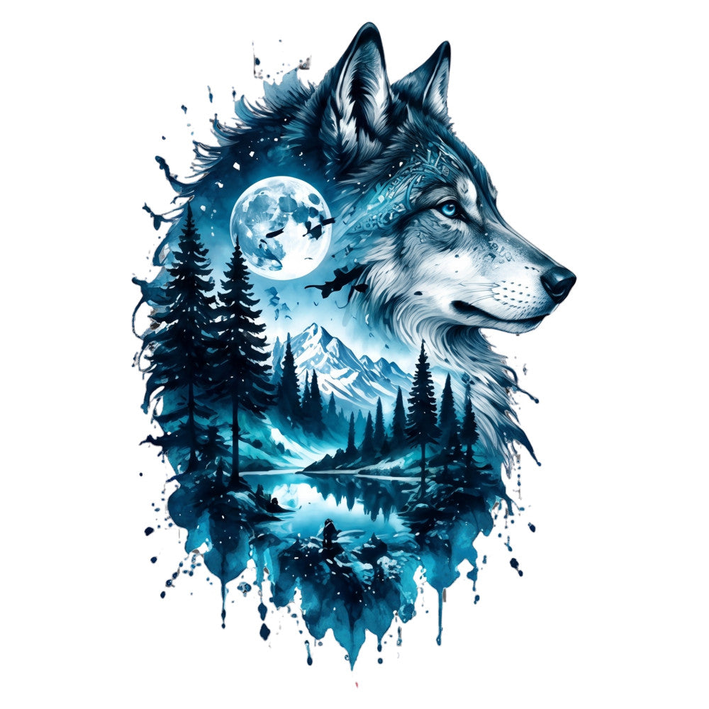 navy blue, ice blue, cyan, white, forest green, full moon, wolf, wilderness, mountains, pine trees, evergreen, lake, water reflection, night sky, celestial, nature, wildlife, winter, autumn, rustic, modern, bohemian, watercolor, double exposure, silhouette, forest animals, landscape, outdoor, camping, adventure