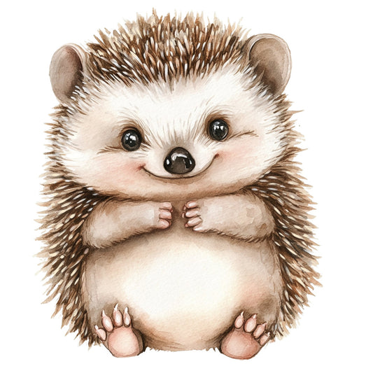 cute hedgehog, whimsical animals, woodland creatures, baby nursery, children's illustration, cream white, warm brown, tan, neutral tones, adorable character, storybook art, playful style, nature themed, forest animal, sitting pose, sweet expression, nursery decor, baby quilt, kids fabric, illustration style, watercolor effect, soft pastels, gentle colors, animal motif, country cottage, rustic charm, child-friendly, bedtime story