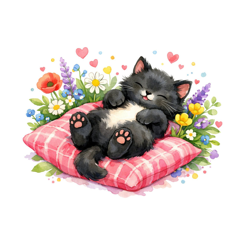cat, black and white cat, sleeping cat, cute cat, whimsical, flowers, floral, hearts, love, pink, coral pink, dusty rose, charcoal gray, lavender purple, yellow, blue, white, spring, summer, animals, nature, playful, sweet, romantic, paw pads, daisies, poppies, forget-me-nots, decorative, cheerful