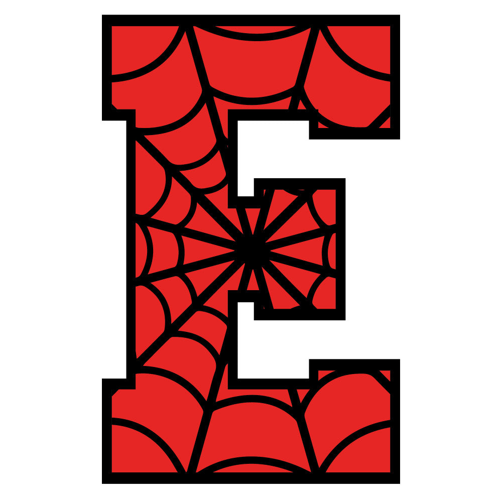 red, black, spider web, alphabet letter, superhero theme, comic book style, geometric pattern, radial design, fabric panel, quilting cotton, craft material, sewing project, children's decor, nursery fabric, educational theme, letter e, web pattern, halloween motif, bright colors