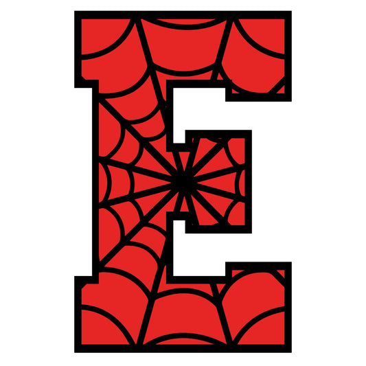 red, black, spider web, alphabet letter, superhero theme, comic book style, geometric pattern, radial design, fabric panel, quilting cotton, craft material, sewing project, children's decor, nursery fabric, educational theme, letter e, web pattern, halloween motif, bright colors