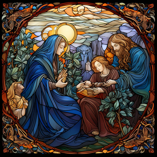 nativity scene, stained glass, fabric panel, religious imagery, holy family, mary, joseph, baby jesus, blue robes, golden halo, burgundy garments, green foliage, ornate border, medieval art style, christmas theme, sacred figures, decorative vines, warm earth tones, quilting cotton, spiritual motif