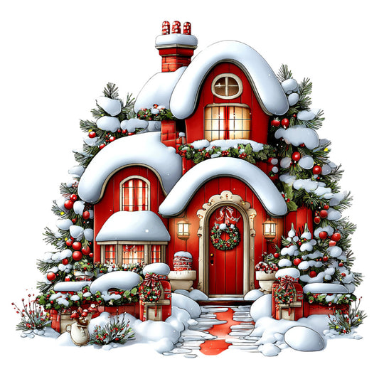 red house, christmas, holiday, snow, winter, festive, whimsical, traditional, cottage core, chimney, wreath, evergreen, pine branches, red ornaments, gold accents, cream, white, dark red, candy cane stripes, lantern, front door, seasonal, decorative, cheerful, nostalgic, storybook, fairy tale, charming, vintage holiday