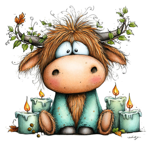 whimsical, highland cattle, cute animals, spring, nature, forest green, burnt orange, cream, rustic, farmhouse, botanical, vines, leaves, flowers, candles, cozy, children's, baby, folk art, illustration style, adorable, charming, woodland, autumn, cottage core, hand drawn, playful, earthy tones, quirky
