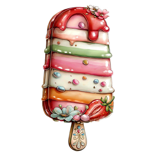 ice cream popsicle, strawberry, colorful, whimsical, playful, sweet treat, multi-color, coral pink, mint green, cream, orange, red, floral, flowers, decorative, fun, children's, kids, summer, dessert, food theme, cute, jewels, gems, embellished, novelty, illustration, vintage style, cheerful
