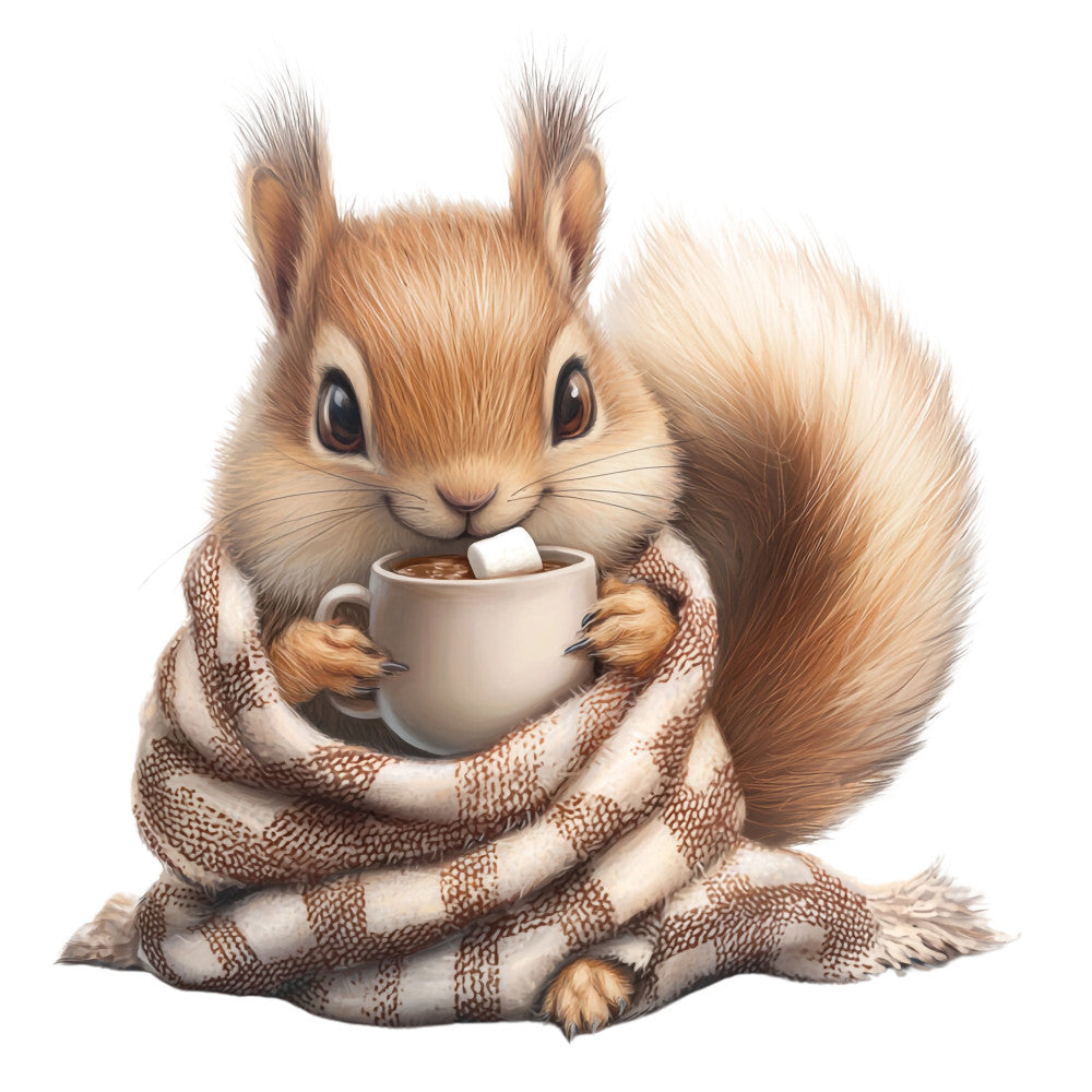 fabric panel, squirrel, brown, tan, cream, white, cozy sweater, hot chocolate, marshmallow, knitted blanket, cute animal, whimsical, winter theme, warm beverage, fluffy tail, realistic art, quilting cotton, adorable character, seasonal motif, comfort scene