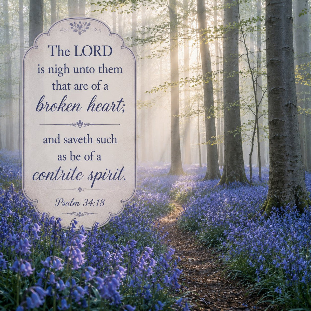 purple flowers, forest path, woodland, lavender blooms, spiritual, inspirational quote, religious, bible verse, psalm 34:18, broken heart, contrite spirit, healing, comfort, nature landscape, sunlight through trees, spring flowers, purple and green, misty forest, peaceful, serene, elegant, traditional, sentimental, encouragement, faith-based, floral landscape, woodland flowers, light streaming through trees
