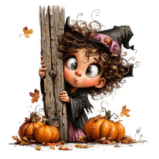 autumn, fall, halloween, pumpkins, witch, whimsical, children's, cute, character, brown curly hair, pink headband, black outfit, orange pumpkins, dried leaves, falling leaves, rustic wood, weathered wood, seasonal, harvest, festive, playful, illustrated, storybook, charming, folk art, cottage core, burnt orange, chocolate brown, mauve pink, cream