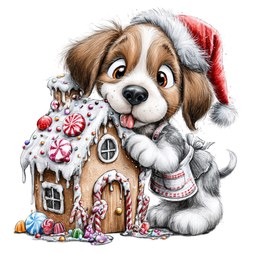 christmas, holiday, dog, puppy, cute animals, whimsical, gingerbread house, candy, peppermint, festive, winter, cream, brown, red, white, gold, multicolor, children's, playful, novelty, seasonal, dessert, sweets, animals, illustration, adorable, family-friendly, decorative, santa hat