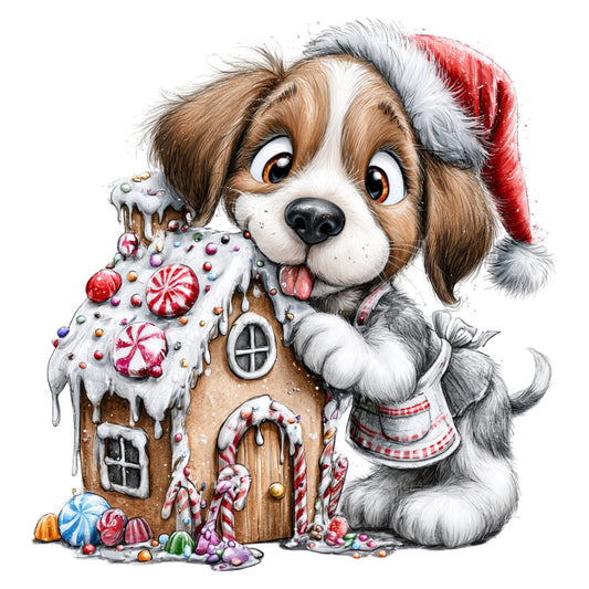 christmas, holiday, dog, puppy, cute animals, whimsical, gingerbread house, candy, peppermint, festive, winter, cream, brown, red, white, gold, multicolor, children's, playful, novelty, seasonal, dessert, sweets, animals, illustration, adorable, family-friendly, decorative, santa hat