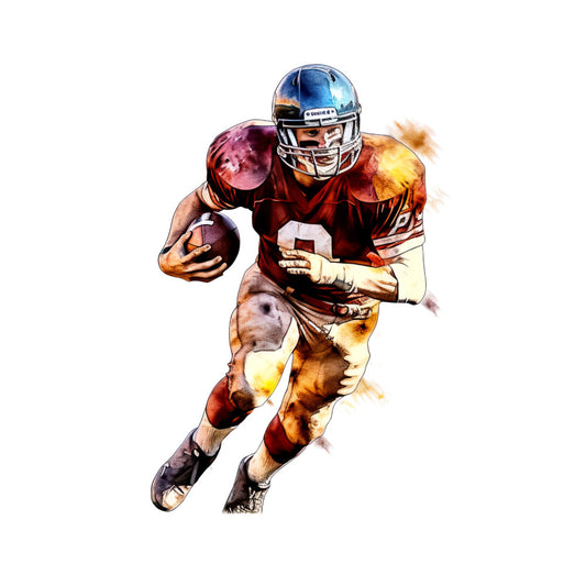football, sports, burgundy, gold, cream, burnt orange, maroon, athletic, action, male athlete, running back, touchdown, game day, stadium, competitive, dynamic, watercolor, illustration, realistic, masculine, team spirit, fall, autumn, wall hanging, home decor, sports fan, player portrait, energetic, movement