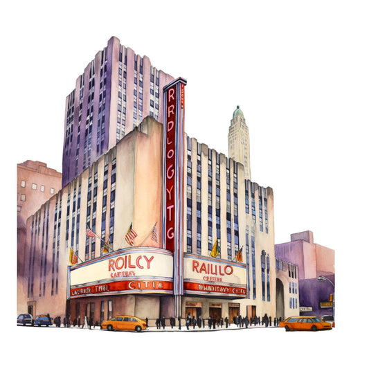 vintage city, art deco, 1940s, theater, retro architecture, urban landscape, nostalgic, cream, red, gold, tan, beige, rust, charcoal gray, americana, classic theater marquee, mid-century modern, decorative arts, building facades, taxi cabs, cityscape, art deco style, historic preservation, entertainment themed, architectural detail, warm neutrals, americana vintage, 1930s 1940s era, collectible buildings