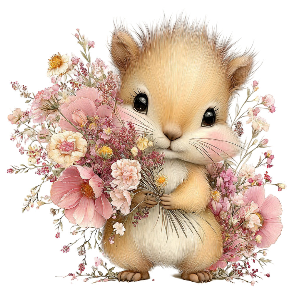 cute animal, hamster, guinea pig, rodent, fluffy creature, pink flowers, roses, daisies, carnations, floral bouquet, pastel pink, cream, tan, soft brown, beige, gentle illustration, whimsical, sweet, nursery, baby, children's, spring, botanical, nature-inspired, adorable, storybook, soft colors, delicate flowers, woodland creature, innocent