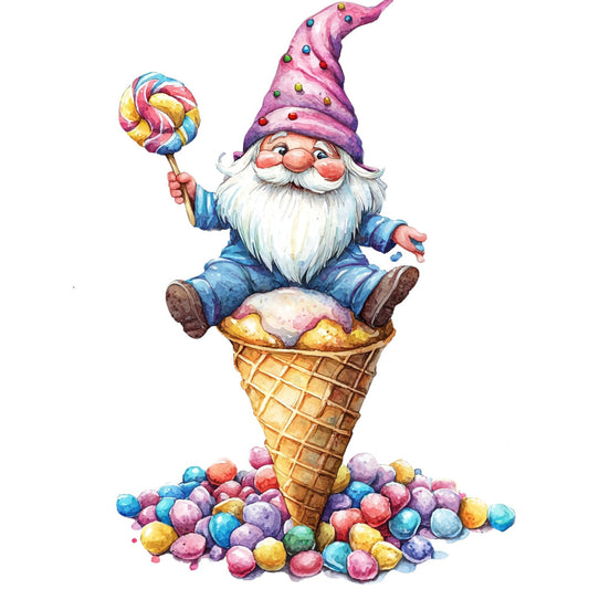 whimsical, gnome, candy, ice cream cone, lollipop, purple, pink, blue, gold, yellow, playful, fantasy, magical, children's, vibrant, colorful, novelty, fun, cheerful, garden gnome, sweet treats, dessert themed, bright colors, confectionery, multicolor, bold, festive, cottage core, storybook, cute characters