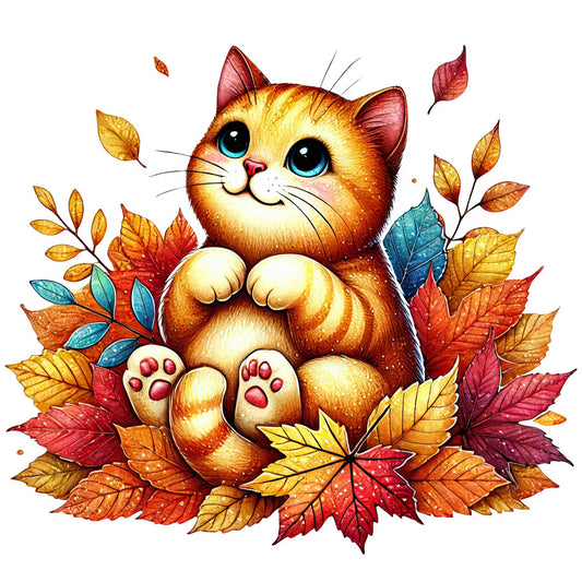 autumn cat, fall leaves, orange tabby, golden yellow, burnt orange, rust red, teal blue, cute animals, whimsical cat, cat illustration, autumn themed, fall season, seasonal decor, nature inspired, woodland creatures, leaf pattern, colorful leaves, happy cat, smiling cat face, paw prints, cozy autumn, harvest season, warm colors, earthy tones, sweet animals, children's design, nursery fabric, wall hanging, home decor, festive fall