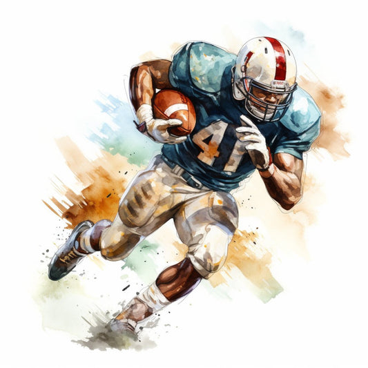 football, sports, american football, athlete, player, action, dynamic, navy blue, cream, tan, beige, rust brown, red and white helmet, watercolor, painted, artistic, abstract, splatter, masculine, sporty, fan gift, man cave, games, competitive, energetic, modern, casual style