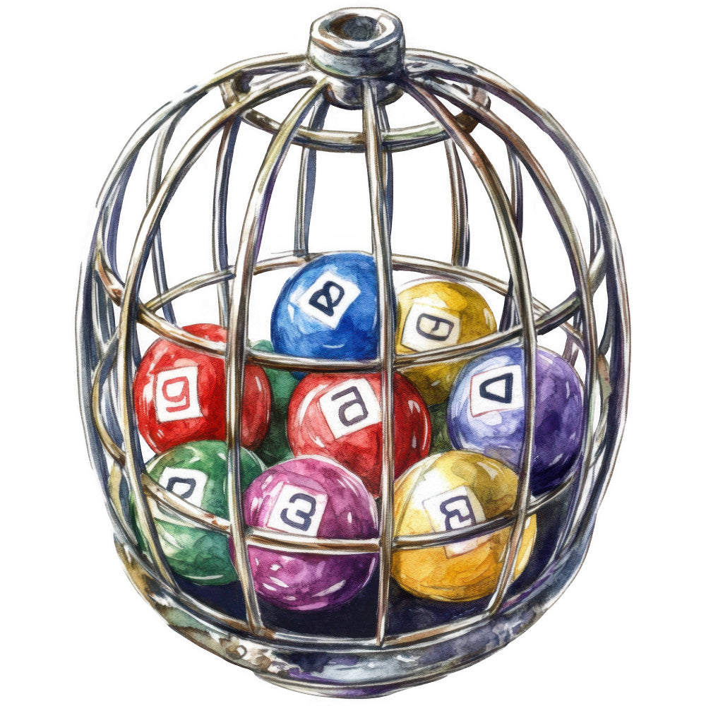 watercolor, bingo balls, metal cage, lottery balls, numbered balls, red, blue, yellow, green, purple, pink, spherical objects, gaming equipment, realistic illustration, fabric panel, quilting cotton, entertainment theme, colorful balls, wire basket, game night