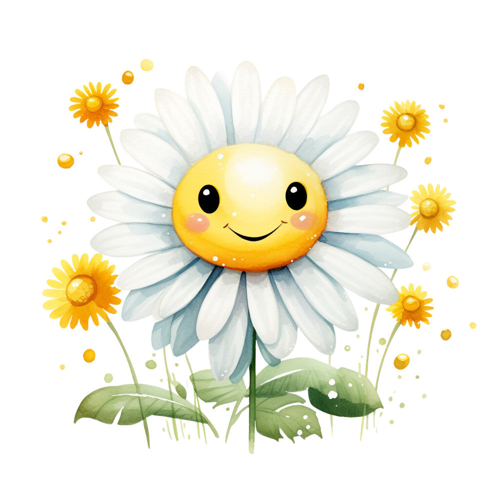 yellow, white, orange, green, smiling daisy, happy flowers, cheerful faces, watercolor style, floral design, fabric panel, quilting cotton, spring theme, botanical illustration, cute characters, pastel colors, children's fabric, whimsical art, flower petals, garden scene, craft material