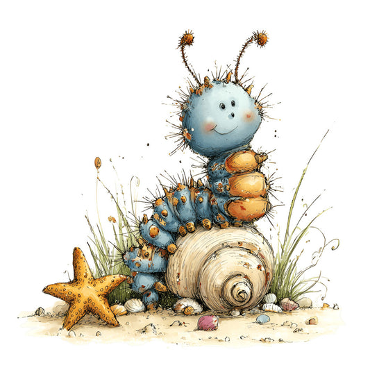 beach theme, coastal, ocean, sea creatures, starfish, shells, snails, whimsical, children's, baby, cute, blue, golden yellow, cream, sand, sandy, nature, seaside, summer, sea life, underwater, playful, storybook, illustration, nautical, marine, spiky, textured, cheerful, adorable
