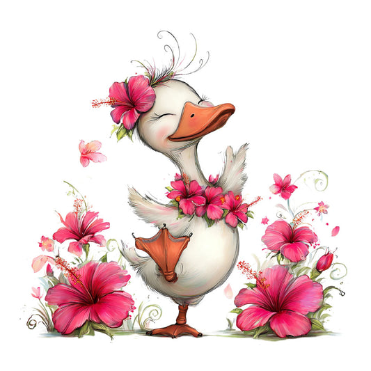 cute duck, pink hibiscus, hot pink flowers, coral orange bill, whimsical animals, spring floral, cheerful character, botanical print, nature themed, farmhouse style, country cottage, decorative bird, flowering plants, pastel background, children's design, playful illustration, garden theme, tropical flowers, stamen details, feathered friend, baby quilt, wall hanging, cream colored, magenta blooms, delicate petals, leafy vines, curling tendrils, folk art style, sweet character design