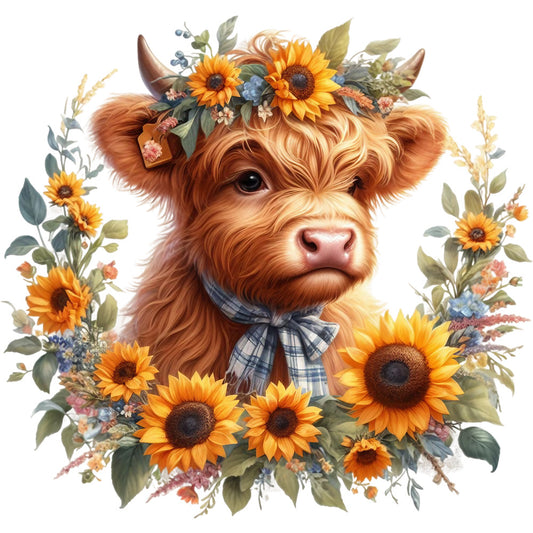 Rustic Sunflower Highland Cows Fabric Panel 15