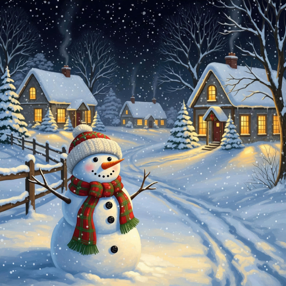 winter scene, christmas, holiday, snowman, snow, night sky, starry night, cottages, houses, evergreen trees, pine trees, festive, seasonal, red plaid scarf, carrot nose, coal eyes, wooden fence, snowing, dark blue, navy blue, cream white, warm gold, cozy, traditional, whimsical, charming, nostalgic, vintage style, winter village, snowy landscape