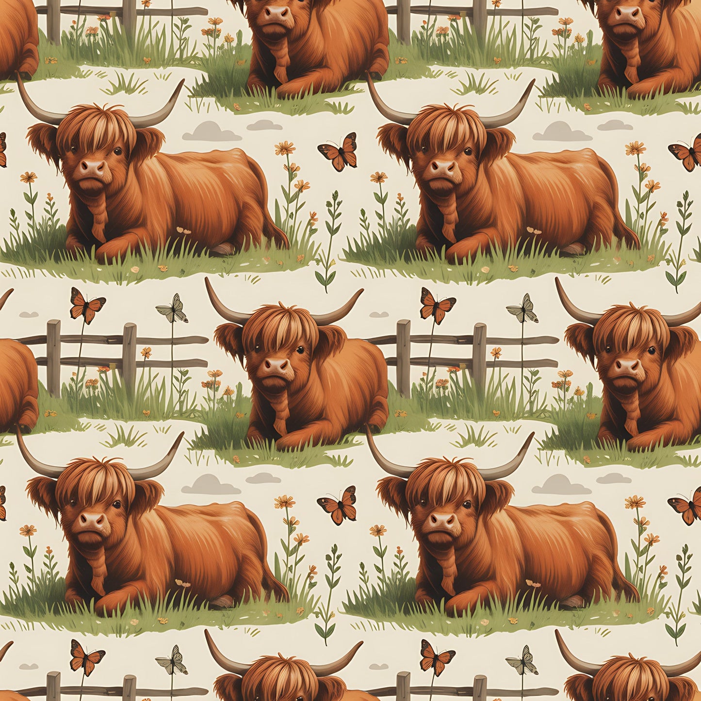 Cartoon Highland Cows Pattern 7 Quilting Cotton Fabric