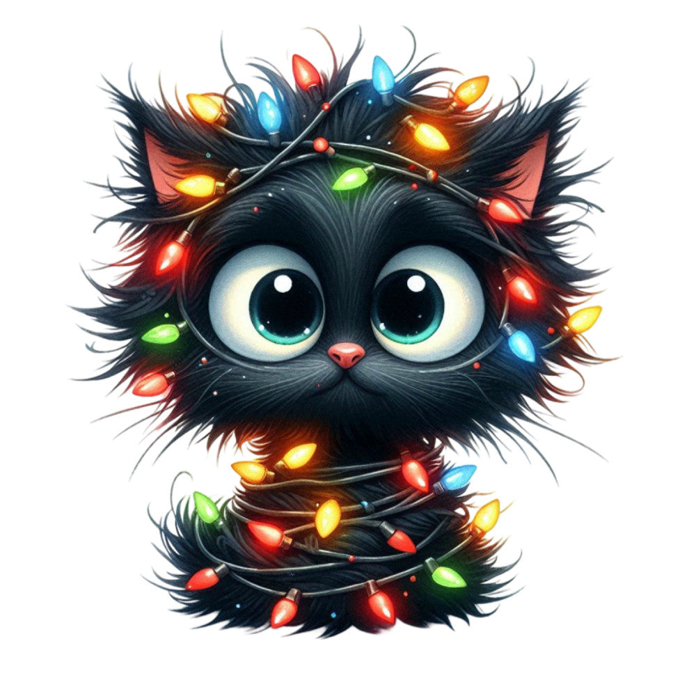 black cat, colorful lights, christmas, holiday, festive, whimsical, cute animals, kitten, big eyes, glowing lights, red lights, blue lights, yellow lights, green lights, multicolor, modern, playful, winter, decorative, cat face, string lights, magical, charming, children's, pet themed, quirky, fun