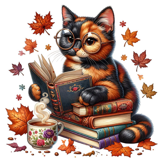 autumn cat, reading cat, calico cat, orange and black cat, fall leaves, maple leaves, cozy reading, literary theme, books, hot beverage, tea cup, floral teacup, glasses, whimsical animals, autumn colors, burnt orange, deep brown, cream, burgundy, forest green, fall aesthetic, vintage books, cozy season, autumn wildlife, intelligent cat, scholarly theme, seasonal, fall decor, cottagecore