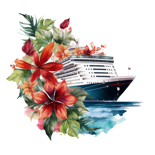 cruise ship, tropical flowers, hibiscus, watercolor style, ocean waves, red flowers, orange blooms, green foliage, palm leaves, nautical theme, vacation motif, fabric panel, quilting cotton, summer vibes, maritime design, floral arrangement, coral colors, teal blue, white background, travel themed