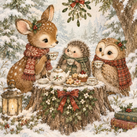 winter animals, woodland creatures, deer, hedgehog, owl, forest animals, christmas, holiday, snow, snowy forest, tea party, festive, whimsical, rustic, vintage, cream, red, burgundy, forest green, brown, sage green, nature, wildlife, cozy, traditional, seasonal, winter woodland, animals with scarves, lantern, books