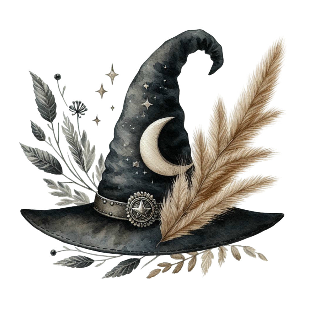 witch hat, celestial, moon, stars, magical, witchy, black, cream, tan, beige, botanical, leaves, wheat, pampas grass, nature, whimsical, mystical, autumn, fall, boho, bohemian, vintage, star embellishment, crescent moon, elegant, decorative, wall hanging, home decor, Halloween, enchanted