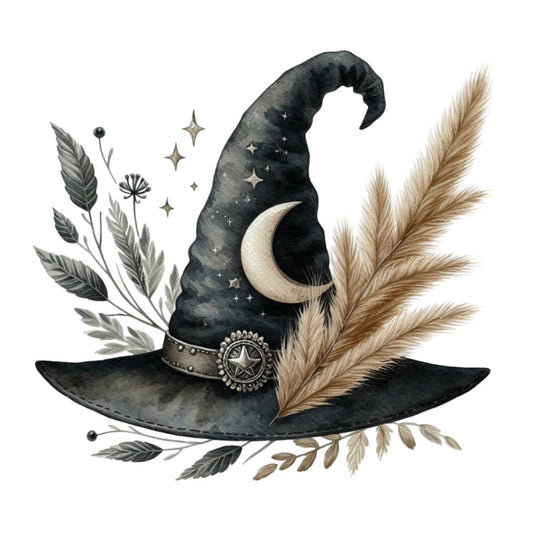 witch hat, celestial, moon, stars, magical, witchy, black, cream, tan, beige, botanical, leaves, wheat, pampas grass, nature, whimsical, mystical, autumn, fall, boho, bohemian, vintage, star embellishment, crescent moon, elegant, decorative, wall hanging, home decor, Halloween, enchanted