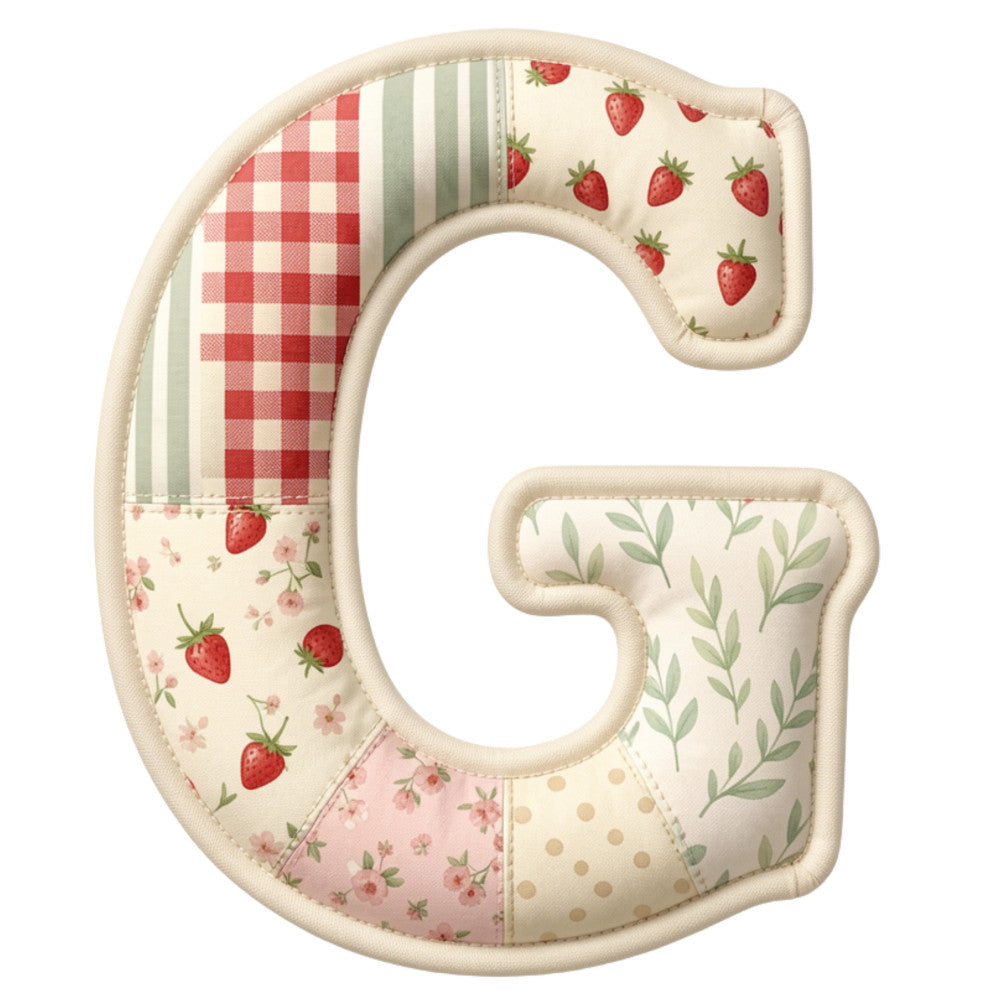strawberry, red and cream, gingham check, floral, botanical, leaf pattern, polka dot, striped, vintage, farmhouse, cottage core, country, spring, summer, nature-inspired, garden theme, sweet, whimsical, traditional, rustic, elegant, baby quilt, children's fabric, soft pastels, cream, sage green, coral pink, blush pink, rustic charm, quilted letter