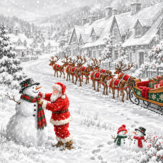 christmas, santa claus, reindeer, snowman, holiday, winter, snow, red, white, cream, forest green, gold, plaid, tartan, festive, whimsical, traditional, nostalgic, vintage, snowy village, cottage scene, sleigh, decorative, elegant, family-friendly, seasonal, cold weather, snow-covered trees, cheerful, timeless