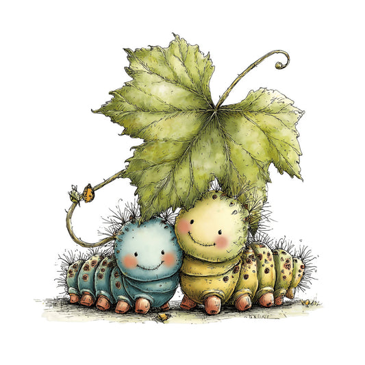 whimsical caterpillars, sage green, pale yellow, soft blue, nature, insects, children's, storybook, garden creatures, spring, cute animals, fantasy, illustration style, ladybug, leaves, vine details, charming, playful, botanical, soft colors, pastel palette, kid-friendly, magical, woodland, nature lovers, decorative panel, nursey, gentle style, sweet illustration