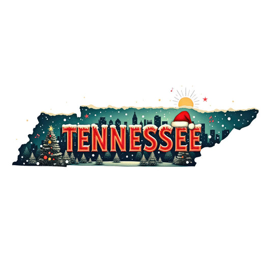 Christmas US States Fabric Panel 9 featuring Tennessee state shape with festive holiday decorations and Santa hat design on premium quilting cotton.