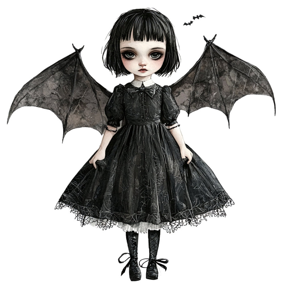 gothic doll, black, dark academia, bat wings, halloween, spooky, dark fairy, victorian goth, whimsical dark, alternative fashion, celestial gothic, nocturnal, black dress, lace trim, pale skin tone, creepy cute, gothic style, dark fantasy, ethereal gothic, haunting, mystical dark, bat motifs, gothic fashion, alternative style, dark elegance, goth aesthetic, wall hanging, character fabric, illustration print, children's gothic