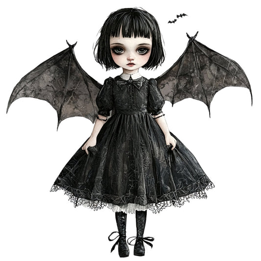 gothic doll, black, dark academia, bat wings, halloween, spooky, dark fairy, victorian goth, whimsical dark, alternative fashion, celestial gothic, nocturnal, black dress, lace trim, pale skin tone, creepy cute, gothic style, dark fantasy, ethereal gothic, haunting, mystical dark, bat motifs, gothic fashion, alternative style, dark elegance, goth aesthetic, wall hanging, character fabric, illustration print, children's gothic