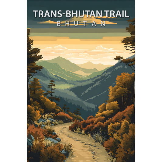 teal, golden yellow, sage green, orange, cream, mountain landscape, hiking trail, valley vista, autumn foliage, evergreen trees, layered hills, travel poster, vintage illustration, serene mood, fabric panel, quilting cotton, nature scene, wilderness, scenic overlook, warm earth tones