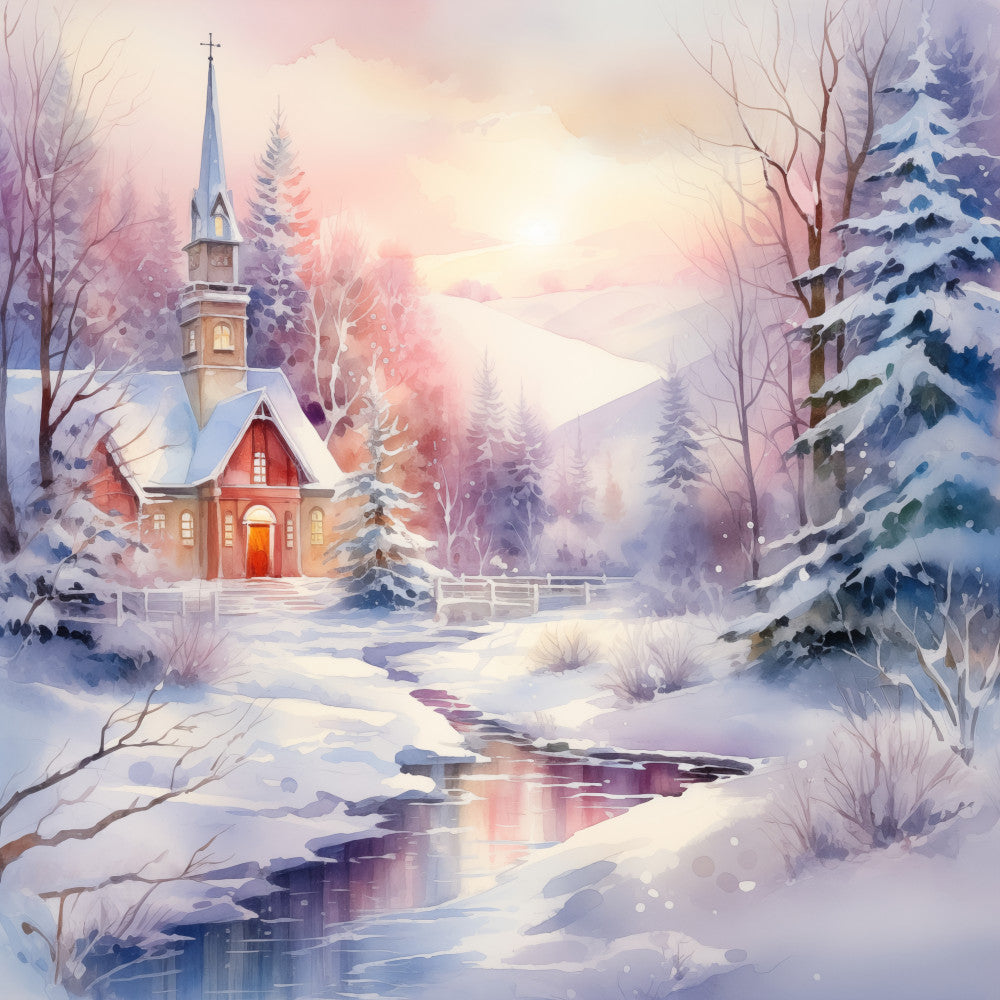 winter landscape, snowy church, holiday, christmas, winter scene, pastoral, peaceful, serene, soft watercolor, ivory, cream, soft pink, dusty rose, lavender, pale blue, navy blue, snow-covered trees, evergreen trees, architectural, religious, cabin, cottage, countryside, frozen stream, festive, traditional, elegant, whimsical, nostalgic, vintage inspired