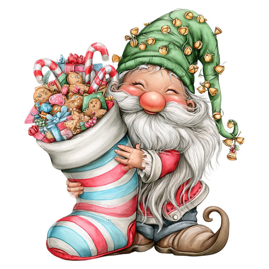 santa, gnome, christmas, holiday, whimsical, jolly, festive, candy cane, gingerbread, bells, green hat, red and white striped, coral pink nose, white beard, gingerbread man, peppermint, gift box, traditional, vintage christmas, cheerful, playful, children's, elf, stocking, seasonal, winter, december, nostalgic, cute characters