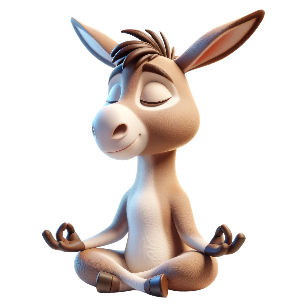 meditation donkey, zen animals, whimsical, peaceful pose, sitting donkey, cream beige, warm taupe, brown accents, soft colors, children's illustration, cartoon animals, playful, animal characters, yoga pose, relaxed expression, closed eyes, serene, gentle, kid-friendly, nursery decor, baby quilt, wall hanging, soft pastels, cute animals, bedding, storybook illustration