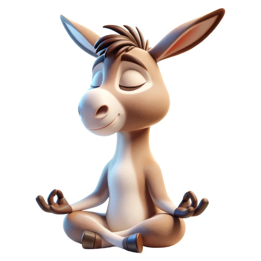 meditation donkey, zen animals, whimsical, peaceful pose, sitting donkey, cream beige, warm taupe, brown accents, soft colors, children's illustration, cartoon animals, playful, animal characters, yoga pose, relaxed expression, closed eyes, serene, gentle, kid-friendly, nursery decor, baby quilt, wall hanging, soft pastels, cute animals, bedding, storybook illustration