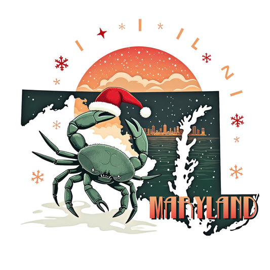 Christmas US States Fabric Panel 31 featuring Maryland map with crab in Santa hat at sunset on premium quilting cotton fabric panel.