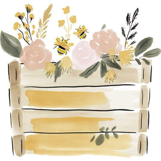 floral, botanical, bees, honeybees, roses, blush pink, dusty rose, pale pink, sage green, olive green, cream, golden yellow, watercolor, whimsical, nature, spring, summer, garden, wildflowers, organic, soft, romantic, farmhouse, cottage core, insects, pollinator, delicate, elegant, illustration style