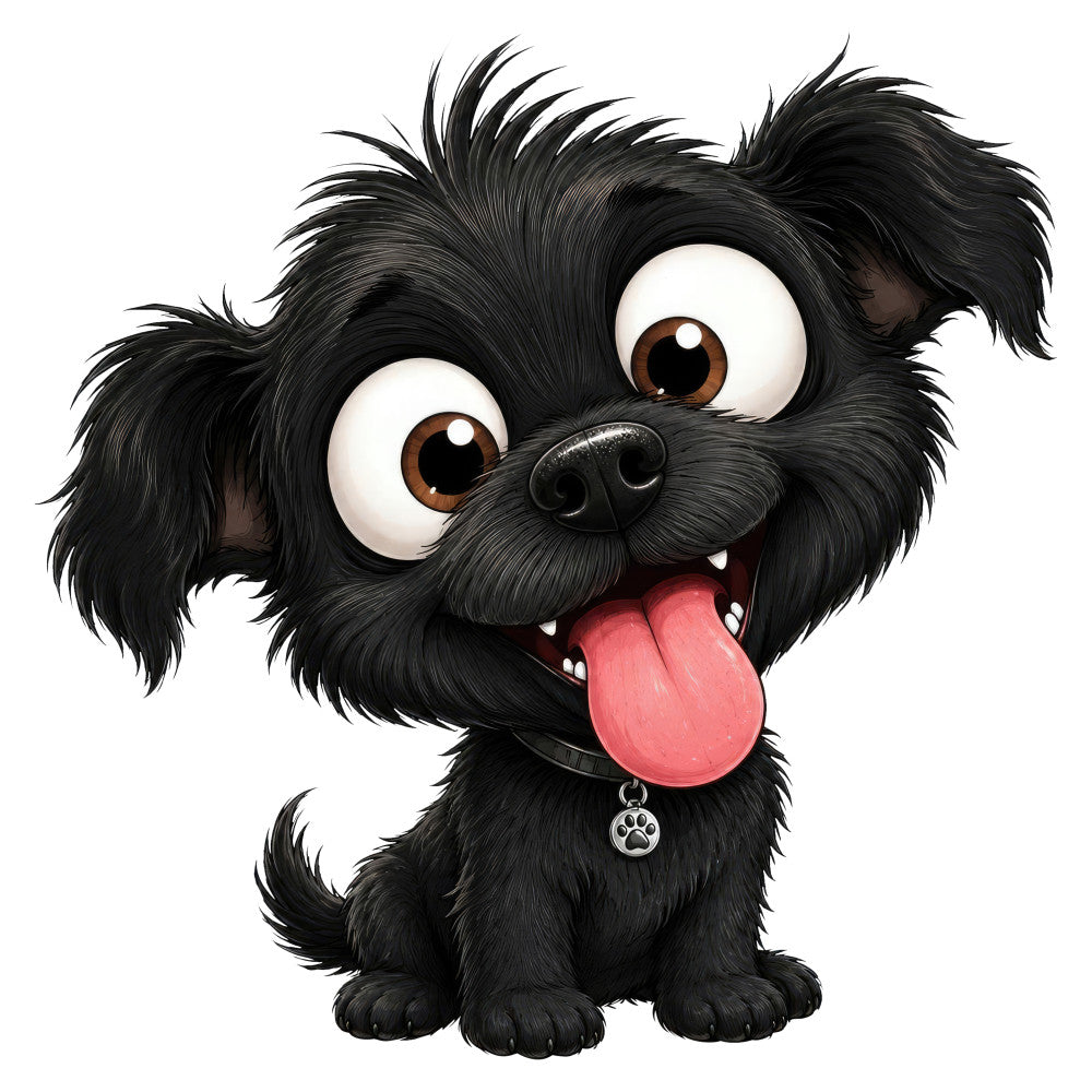 black, brown eyes, cute, whimsical, playful, dog, puppy, animals, cartoon, comic, humorous, funny, tongue out, happy, cheerful, children, kids, novelty, modern, expressive, paw print charm, fluffy fur texture, endearing, lighthearted, pet lover, fun-loving, animated character, youth