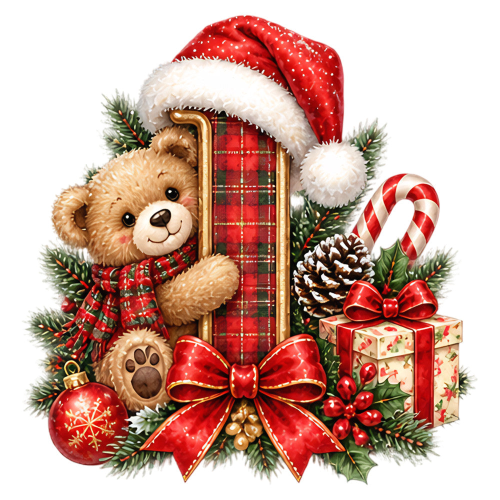 christmas teddy bear, holiday, red plaid, tartan, festive, cute animals, bears, candy cane, pine cones, evergreen, holly berries, red bows, ribbons, ornaments, gold accents, santa hat, winter, seasonal, whimsical, traditional, vintage, red and green, cream white, plaid pattern, gift boxes, retro holiday, nostalgia, children's, decorative panel, christmas theme