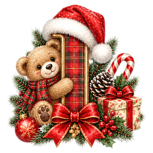 christmas teddy bear, holiday, red plaid, tartan, festive, cute animals, bears, candy cane, pine cones, evergreen, holly berries, red bows, ribbons, ornaments, gold accents, santa hat, winter, seasonal, whimsical, traditional, vintage, red and green, cream white, plaid pattern, gift boxes, retro holiday, nostalgia, children's, decorative panel, christmas theme